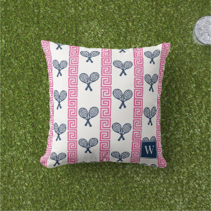 Tennis Greek Key Stripe - Navy & Hot Pink Monogram Outdoor Pillow