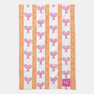 Tennis Greek Key Stripe Orange & Hot Pink Monogram Kitchen Towel