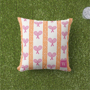 Tennis Greek Key Stripe Orange & Hot Pink Monogram Outdoor Pillow