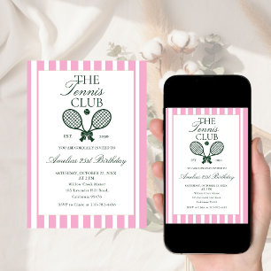  Tennis Green Pink  Bow Birthday Invitation