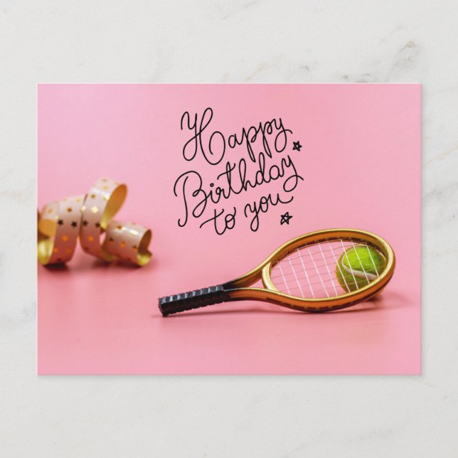 Tennis Happy Birthday with ball and  racket pink P Postcard (Front)