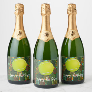 Tennis  Happy Birthday with ball and racket   Sparkling Wine Label