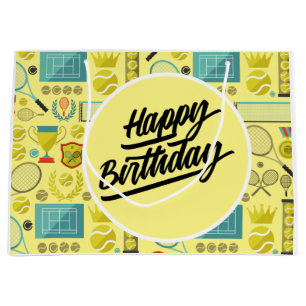 Tennis Happy Birthday with ball  and racket yellow Large Gift Bag