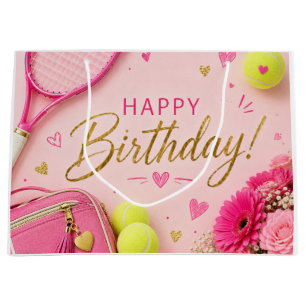Tennis Happy Birthday with ball pink background Large Gift Bag