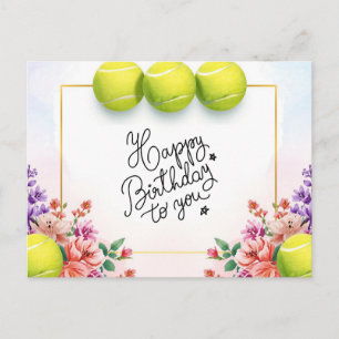 Tennis Happy Birthday with ball with flowers Postcard
