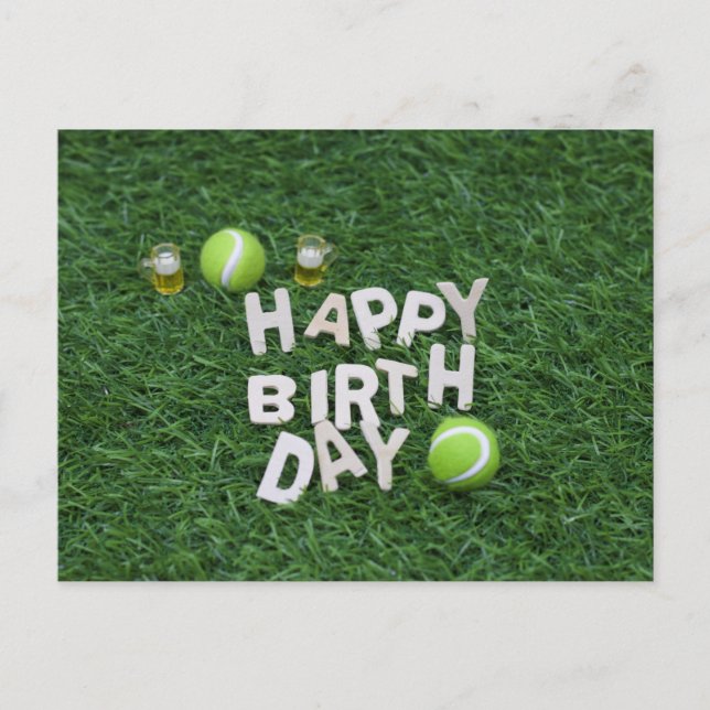 Tennis Happy Birthday with Tennis ball on green Postcard (Front)