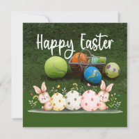 Tennis Happy Easter with ball and eggs on green