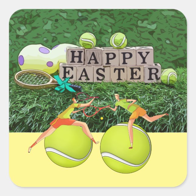 Tennis Happy Easter with ball and eggs on green    Square Sticker (Front)