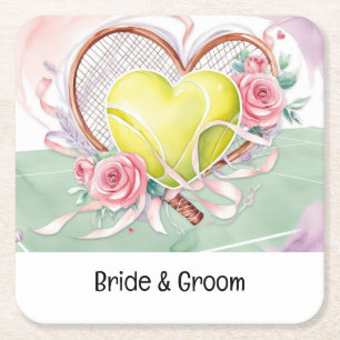 TENNIS heart shape for LOVE Wedding  Square Paper Coaster