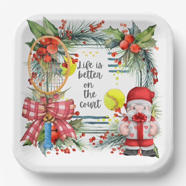 Tennis Life is better on the court Christmas Party Paper Plate (Front)