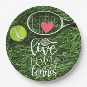 Tennis Live Love Tennis with ball and racket  Paper Plate