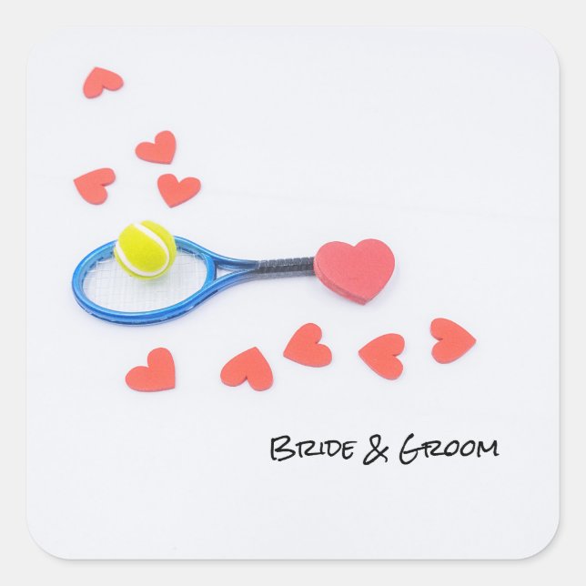 Tennis love with tennis ball and racket wedding square sticker (Front)
