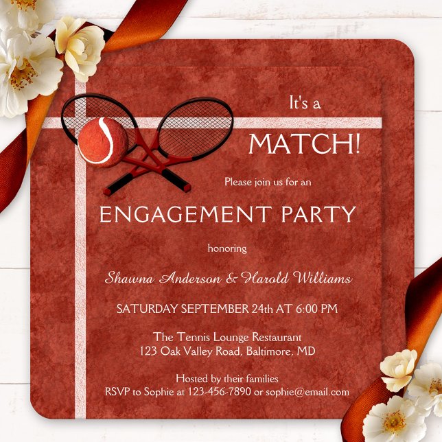 Tennis Match Themed Engagement Party Invitation (Sportive engagement party invitation featuring two tennis rackets on a watercolor red field design)