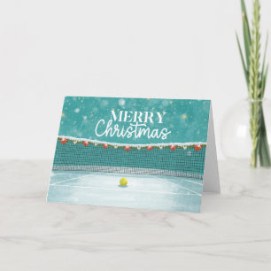 Tennis Merry Christmas tennis ball on the court H Holiday Card