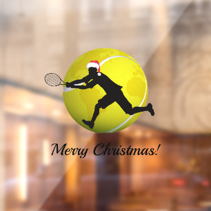 Tennis Merry Christmas Text Player & Santa Hat Window Cling