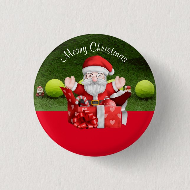 Tennis Merry Christmas with ball and Santa Claus   1 Inch Round Button (Front)