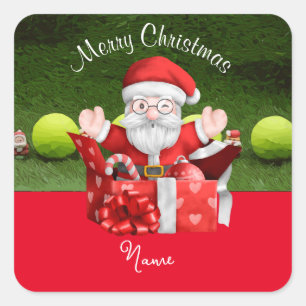 Tennis Merry Christmas with ball and Santa Claus Square Sticker