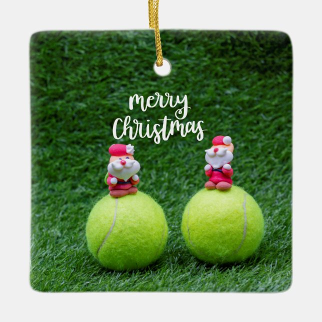 Tennis Merry Christmas with Santa Claus on green   Ceramic Ornament (Front)