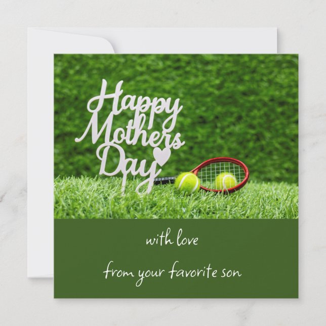 Tennis Mother's Day with racket and ball on green Holiday Card (Front)