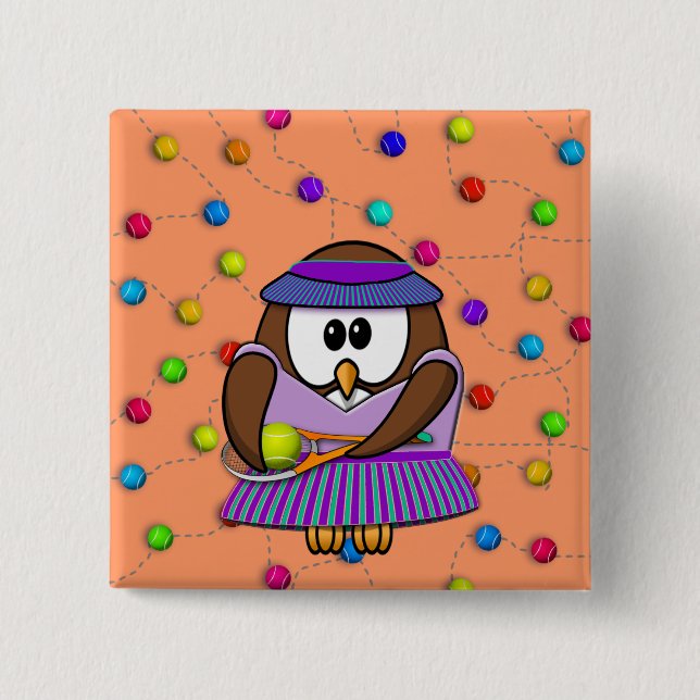 tennis owl - girl 2 inch square button (Front)