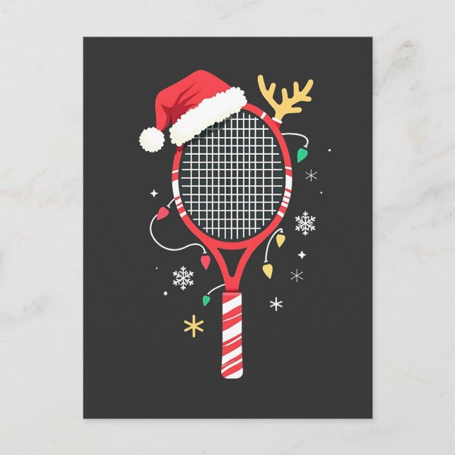 Tennis Paddle with Santa Hat and Christmas Lights Postcard (Front)