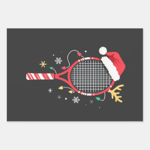 Tennis Paddle with Santa Hat and Christmas Lights Wrapping Paper Sheet