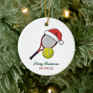 Tennis Paddle with Santa Hat Custom Christmas Ceramic Ornament
