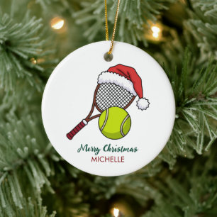 Tennis Paddle with Santa Hat Custom Christmas Ceramic Ornament