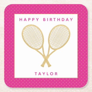 Tennis Party Chic Gold and Pink Custom Square Paper Coaster