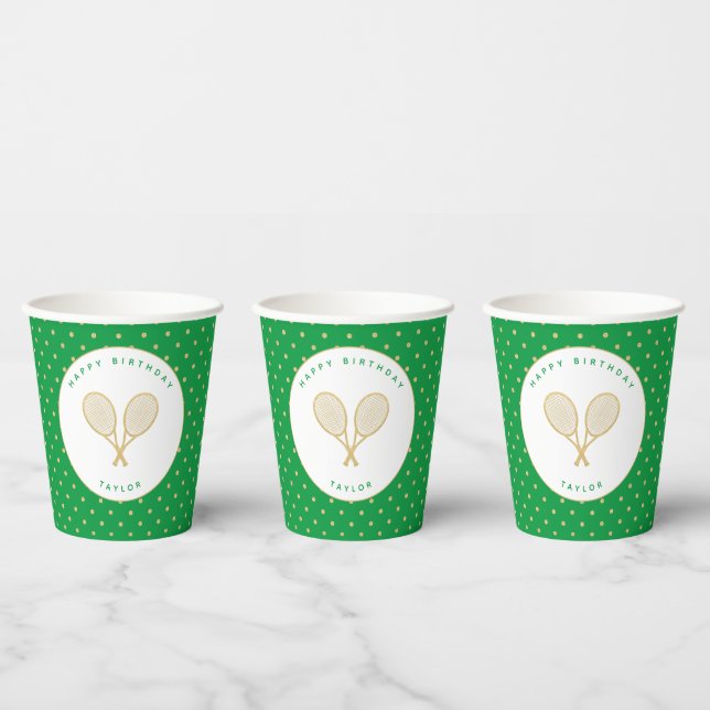 Tennis Party Sports Personalized Green and Gold Paper Cups (Multi)