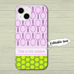 Tennis pattern custom name pink green Case-Mate iPhone 14 case<br><div class="desc">Tennis balls create a bright polka dot pattern,  and there is a further pattern of pink tennis rackets on a pale pink background. A white stripe gives space for you to personalize with a name or other text  (in pink to match the rackets).</div>