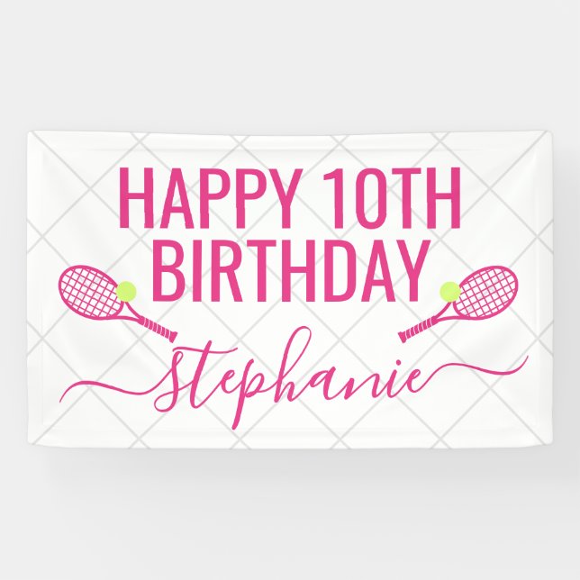Tennis Personalized Name Pink Birthday Party Banner (Horizontal)