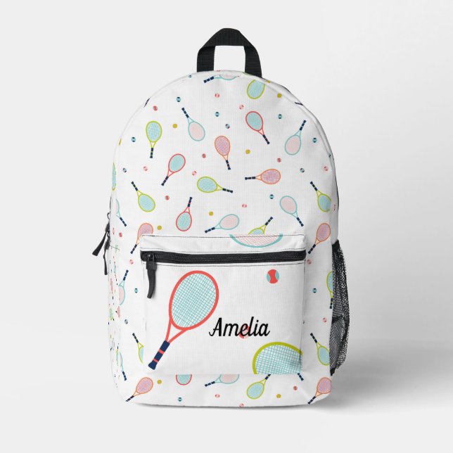 Tennis Personalized Name Pink Green Blue Custom Printed Backpack (Front)