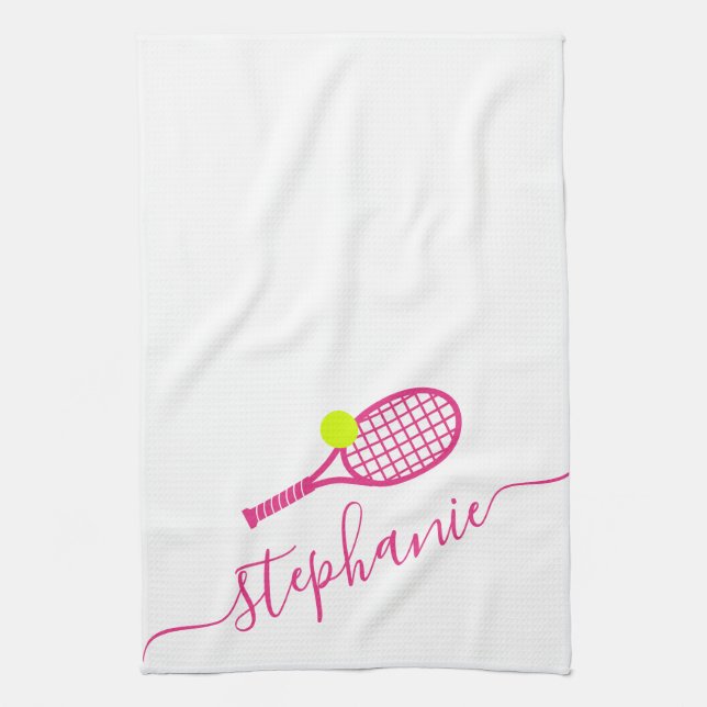 Tennis Personalized Pink Script Name Kitchen Towel (Vertical)