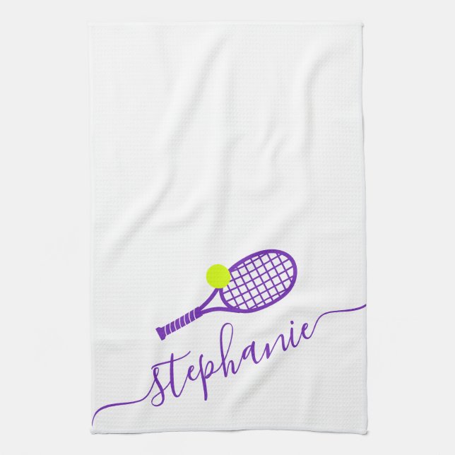 Tennis Personalized Purple Script Name Kitchen Towel (Vertical)