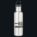 Tennis Personalized Silver Grey 710 Ml Water Bottle<br><div class="desc">Silver Grey,  Black and White Personalized Stainless Steel Metal Water Bottle with a simple,  sporty,  and modern tennis racket monogram name in a classic sporty font with a subtle tennis court net background.</div>