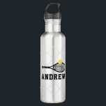Tennis Personalized Silver Grey 710 Ml Water Bottle<br><div class="desc">Silver Grey,  Black and White Personalized Stainless Steel Metal Water Bottle with a simple,  sporty,  and modern tennis racket monogram name in a classic sporty font with a subtle tennis court net background.</div>