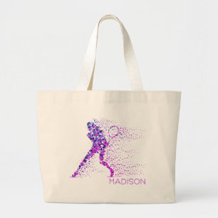 Tennis Pink Pixels Personalized Name Large Tote Bag