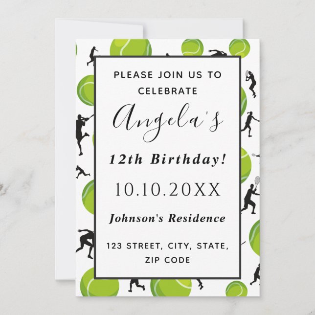 Tennis Player & Ball Birthday Party Kids Coach Fun Invitation (Front)