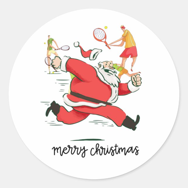 Tennis Player behind Santa Claus for Christmas   Classic Round Sticker (Front)