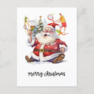 Tennis Player behind Santa Claus for Christmas  Holiday Postcard