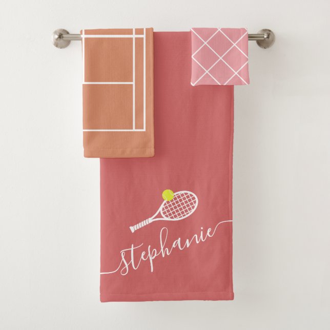 Tennis Player Clay Court Neutrals Monogram Name  Bath Towel Set (Insitu)
