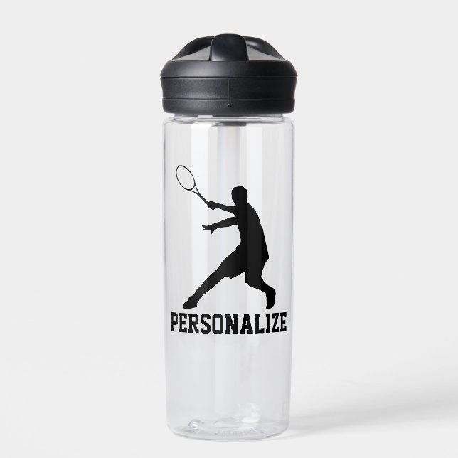 Tennis player water bottle with personalized name (Front)