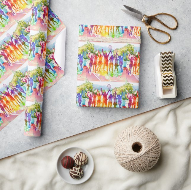Tennis Players  on the court watercolor style  Wrapping Paper (Crafts)