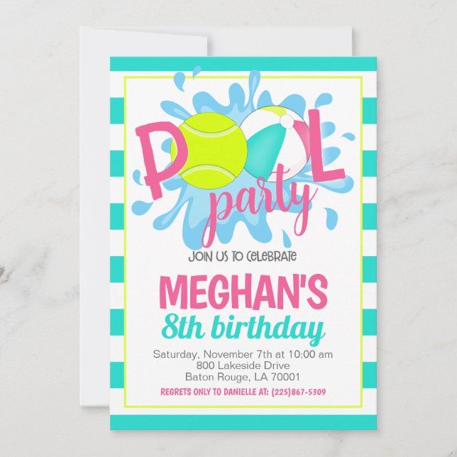 Tennis Pool Party Anniversaire Invitation (Devant)