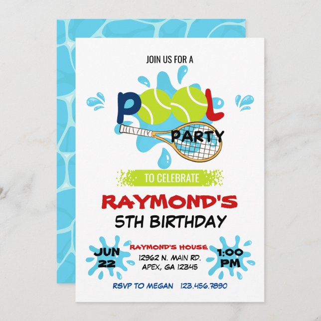 Tennis Pool Party Birthday  Invitation (Front/Back)