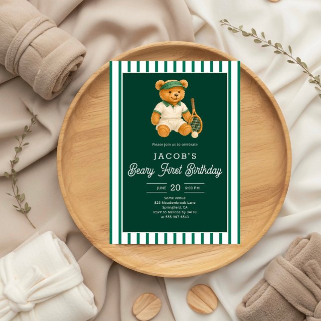 Tennis Preppy Bear 1st Birthday Invitation (Creator Uploaded)