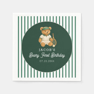Tennis Preppy Bear Green 1st Birthday Napkin