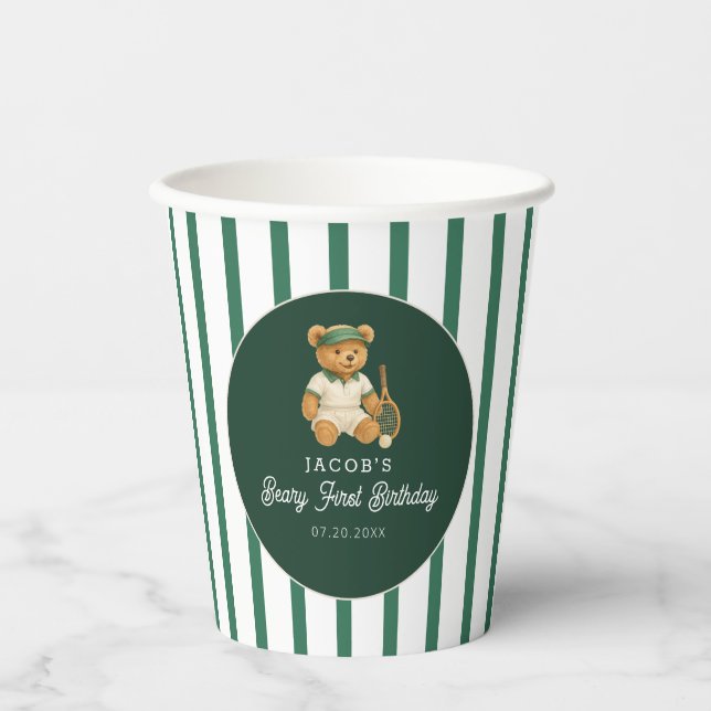 Tennis Preppy Bear Green Striped 1st Birthday Paper Cups (Front)