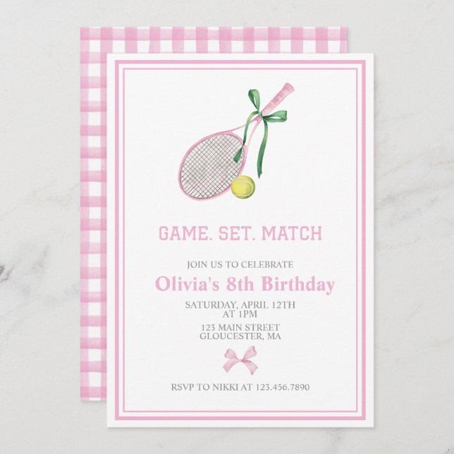 Tennis preppy plaid birthday invitation (Front/Back)